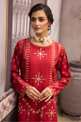 Maroon Mirror Embroidered Linen Suit -2531