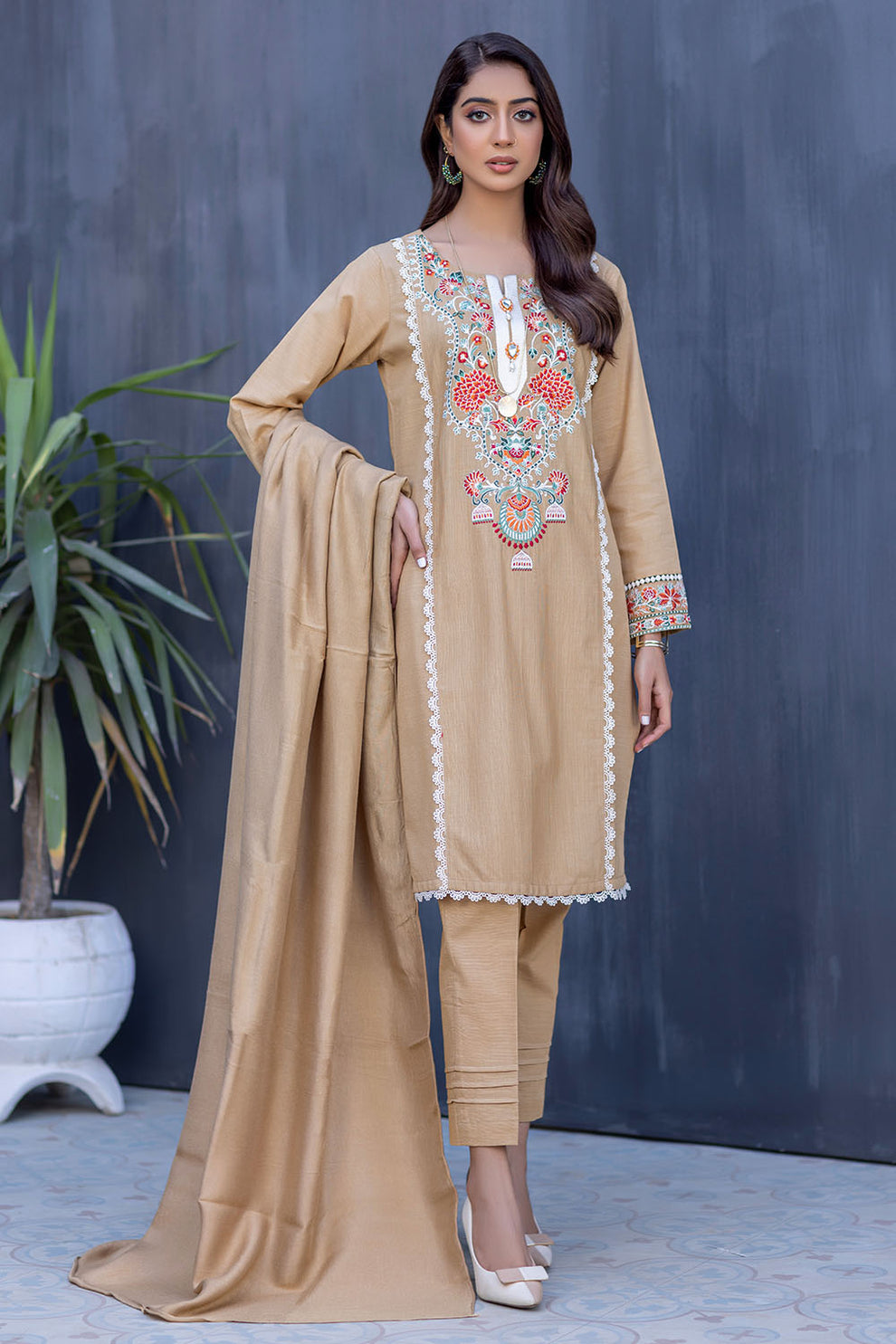 Kadder Color Embroidered Slub Kadder Suit-2559